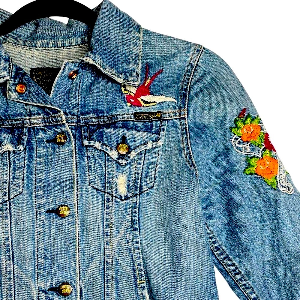 RARE LUCKY BRAND True Love is Forever Denim Jacket. Sz Small & new condition.